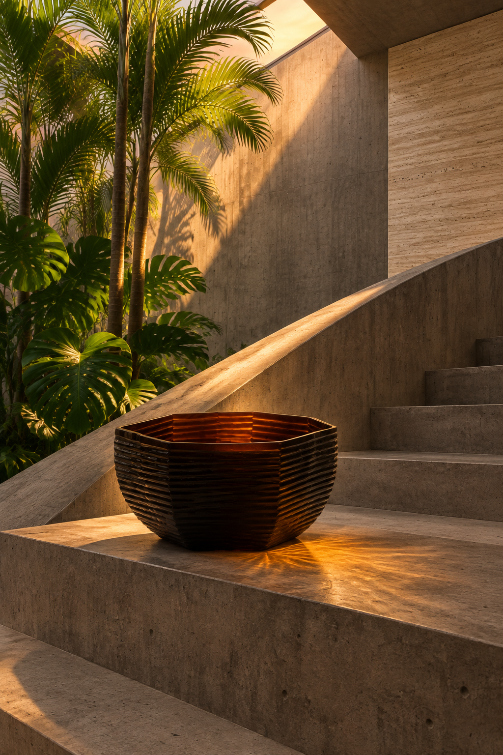 Bowl Dalia en vidrio café sobre escalera escultórica de hormigón
