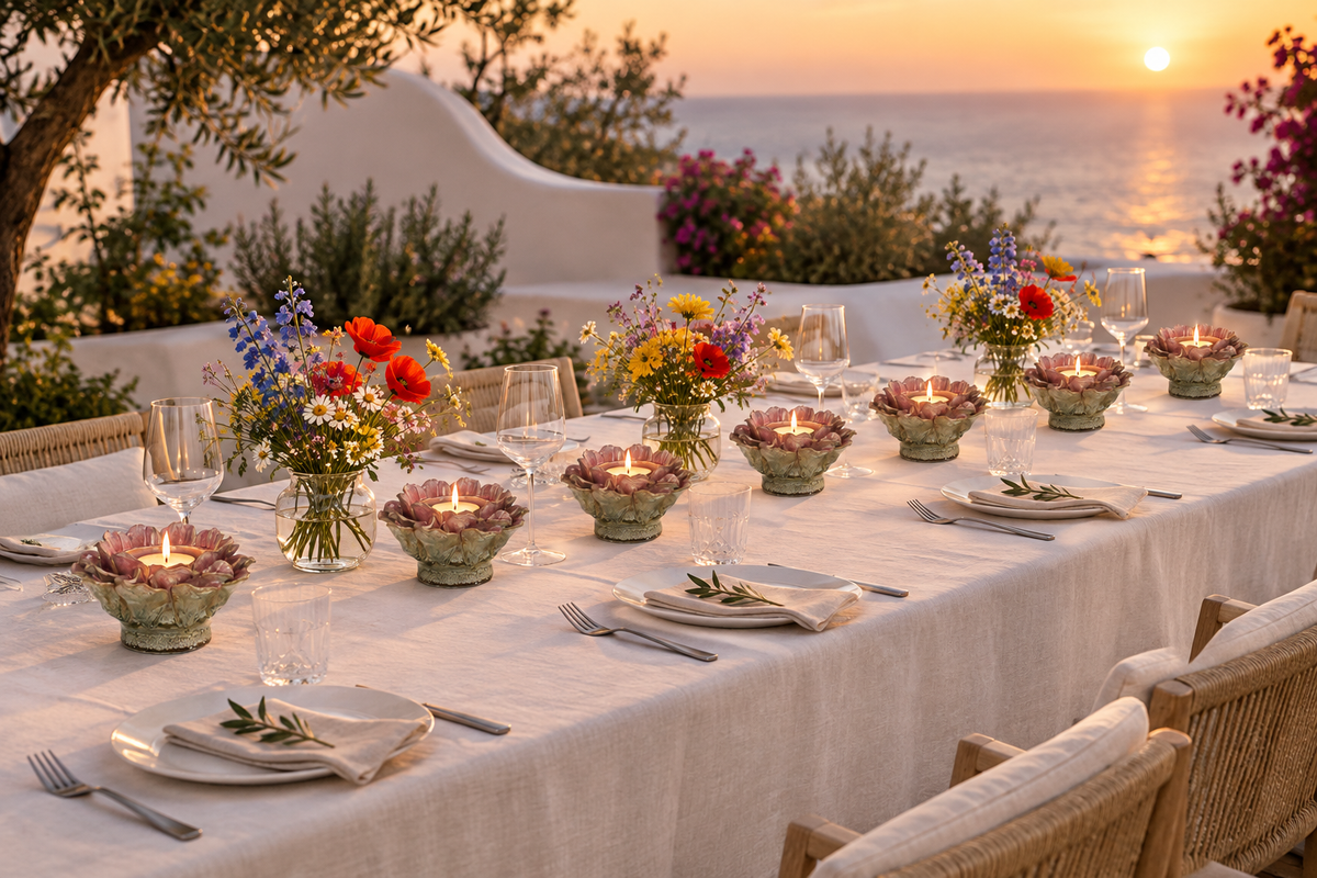 Mesa de verano con Portavelas Donatella y flores silvestres