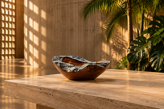 Bowl de madera de teca completo sobre mesa de travertino