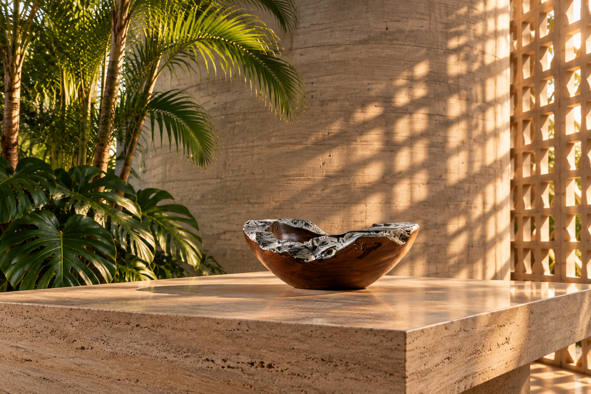 Bowl de madera de teca sobre mesa de travertino en interior de hormigón