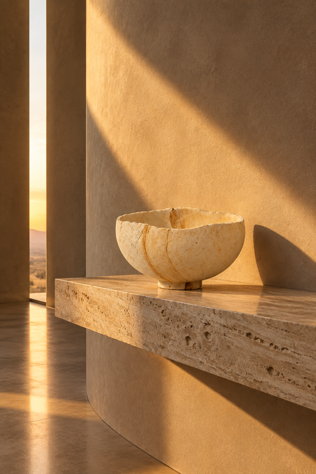 Bowl de piedra arenisca en muro curvo con luz de atardecer