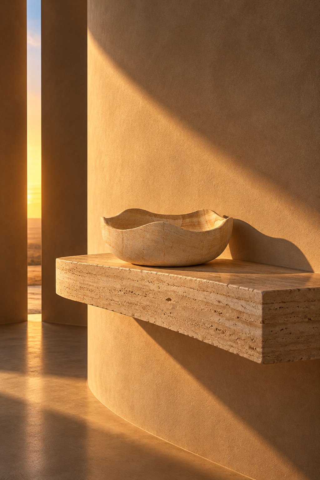 Bowl de piedra Mantra en muro curvo de microcemento con luz de atardecer