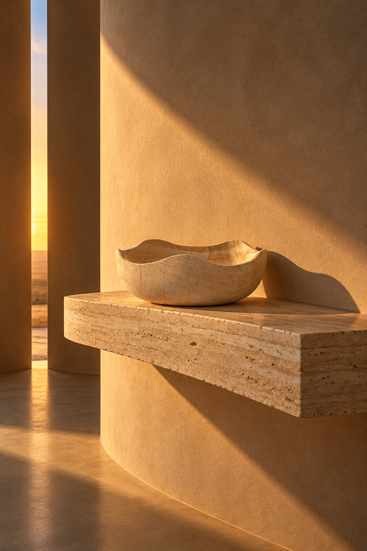 Bowl de piedra Mantra en muro curvo de microcemento con luz de atardecer