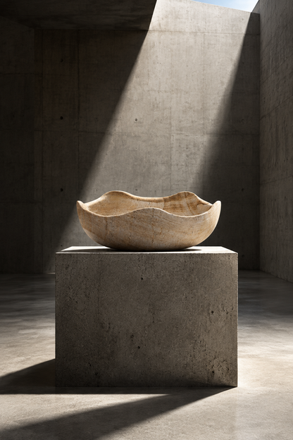 Bowl de piedra Mantra sobre pedestal de hormigón con luz cenital