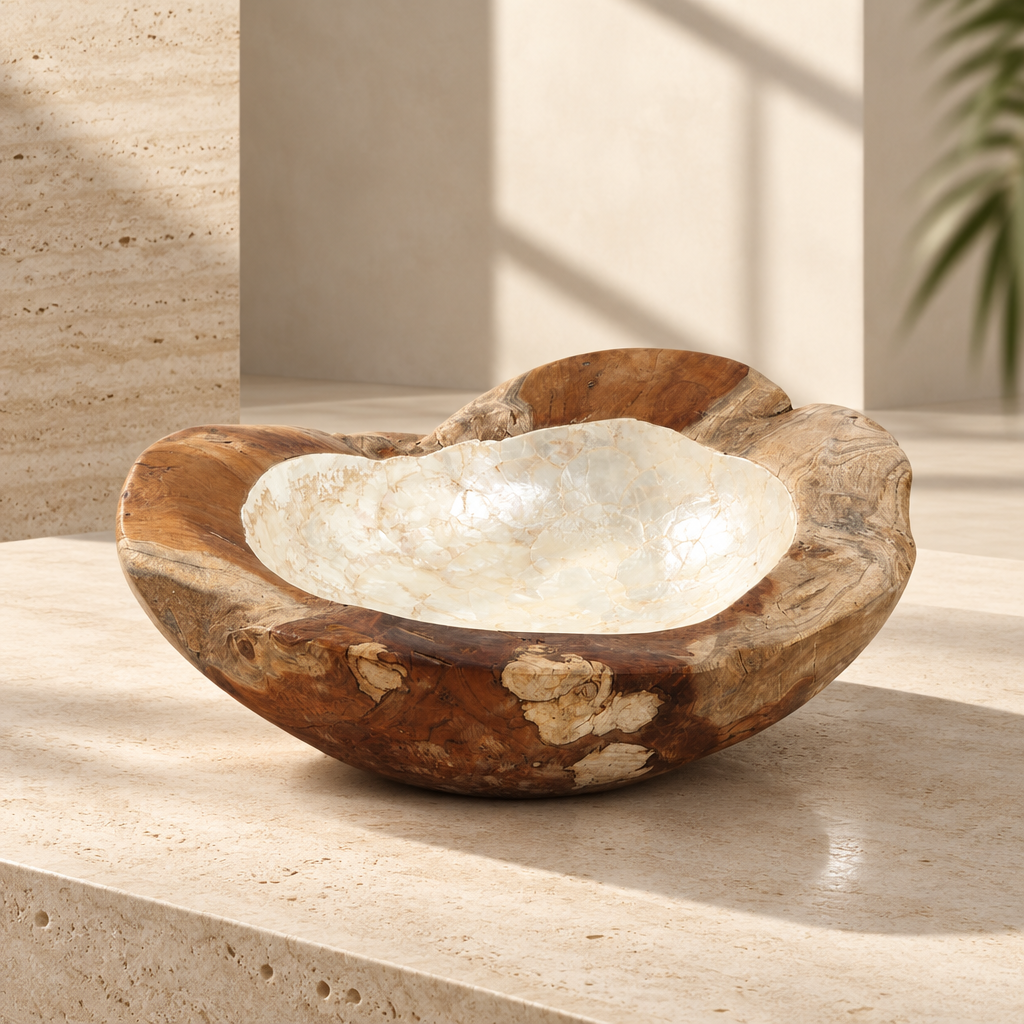 Bowl de teca y nácar en ambiente arquitectónico inspirado en São Paulo