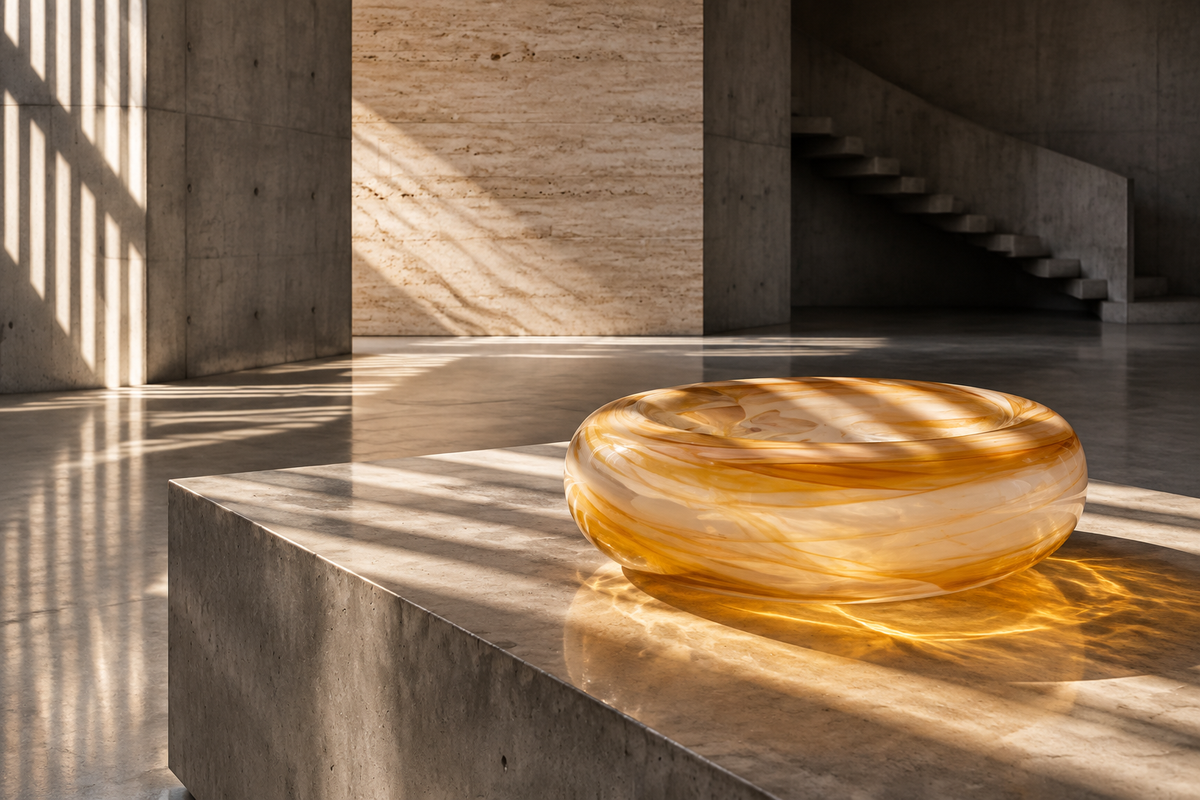 Bowl de vidrio Gabriela ámbar en galería de hormigón con luz de celosía
