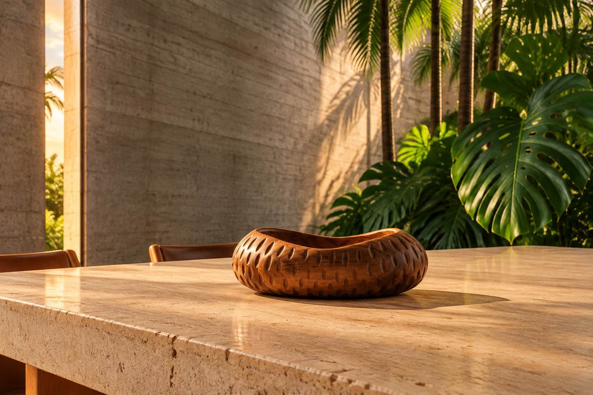 Bowl Jazmín de teca sobre mesa de travertino en interior de hormigón