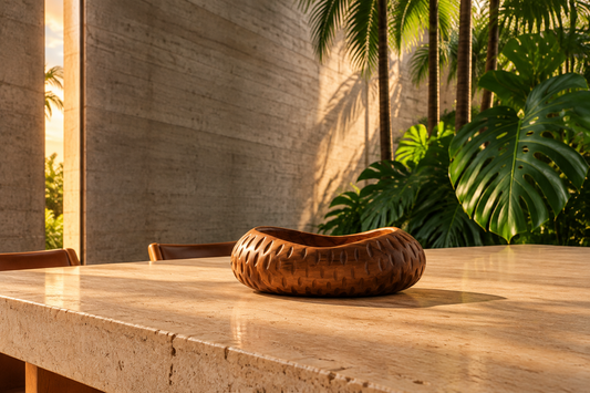Bowl Jazmín de teca sobre mesa de travertino en interior de hormigón