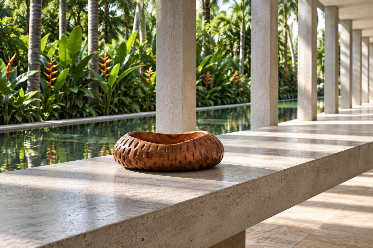 Bowl Jazmín sobre consola de hormigón en galería con espejo de agua