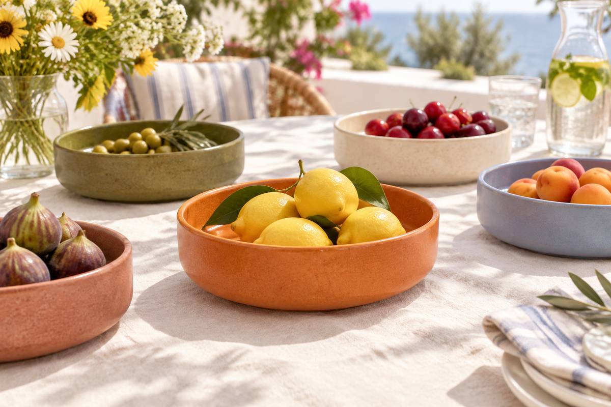 Bowl naranjo en mesa de verano con otros bowls de colores
