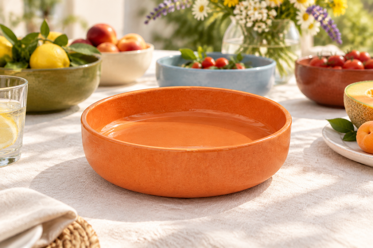 Bowl naranjo protagonista en mesa de verano