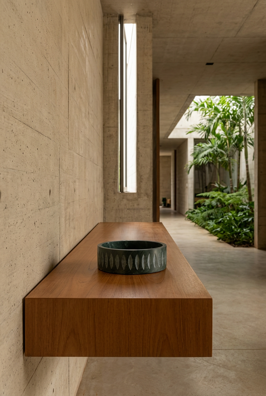 Bowl Rosalía en consola de madera y hall modernista