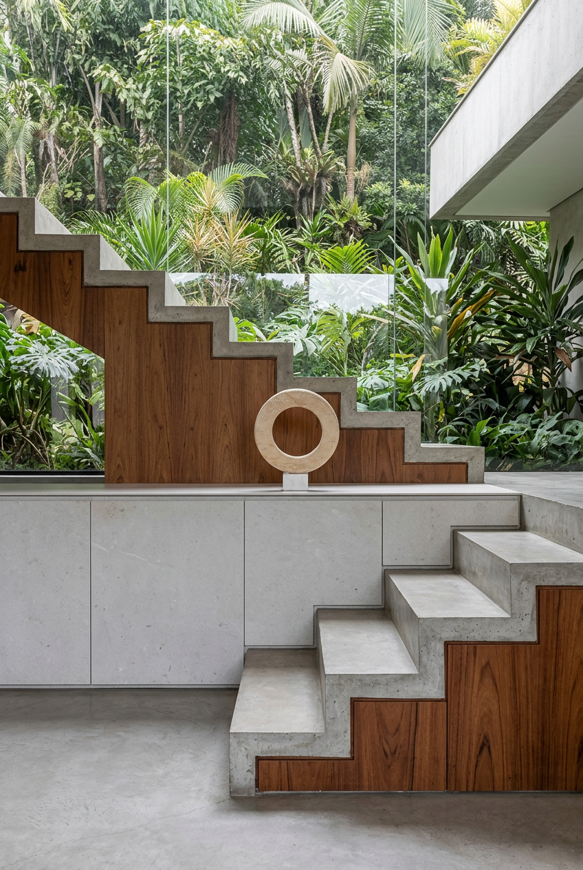 Celeste junto a una escalera arquitectónica