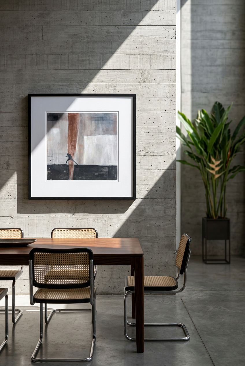Cuadro Frankfurt en comedor modernista de hormigón con mesa de jacarandá