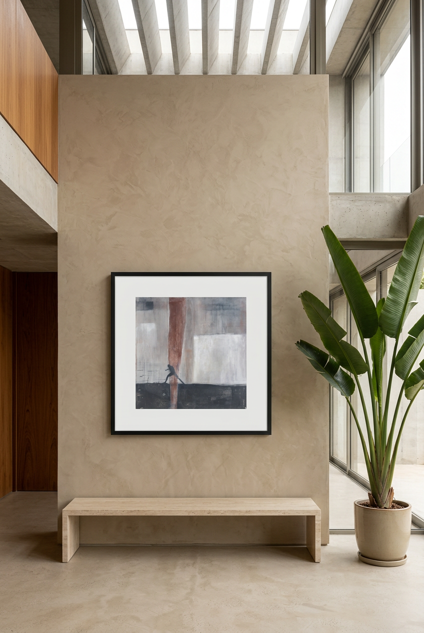 Cuadro Frankfurt en living de doble altura con muro de microcemento y consola de travertino