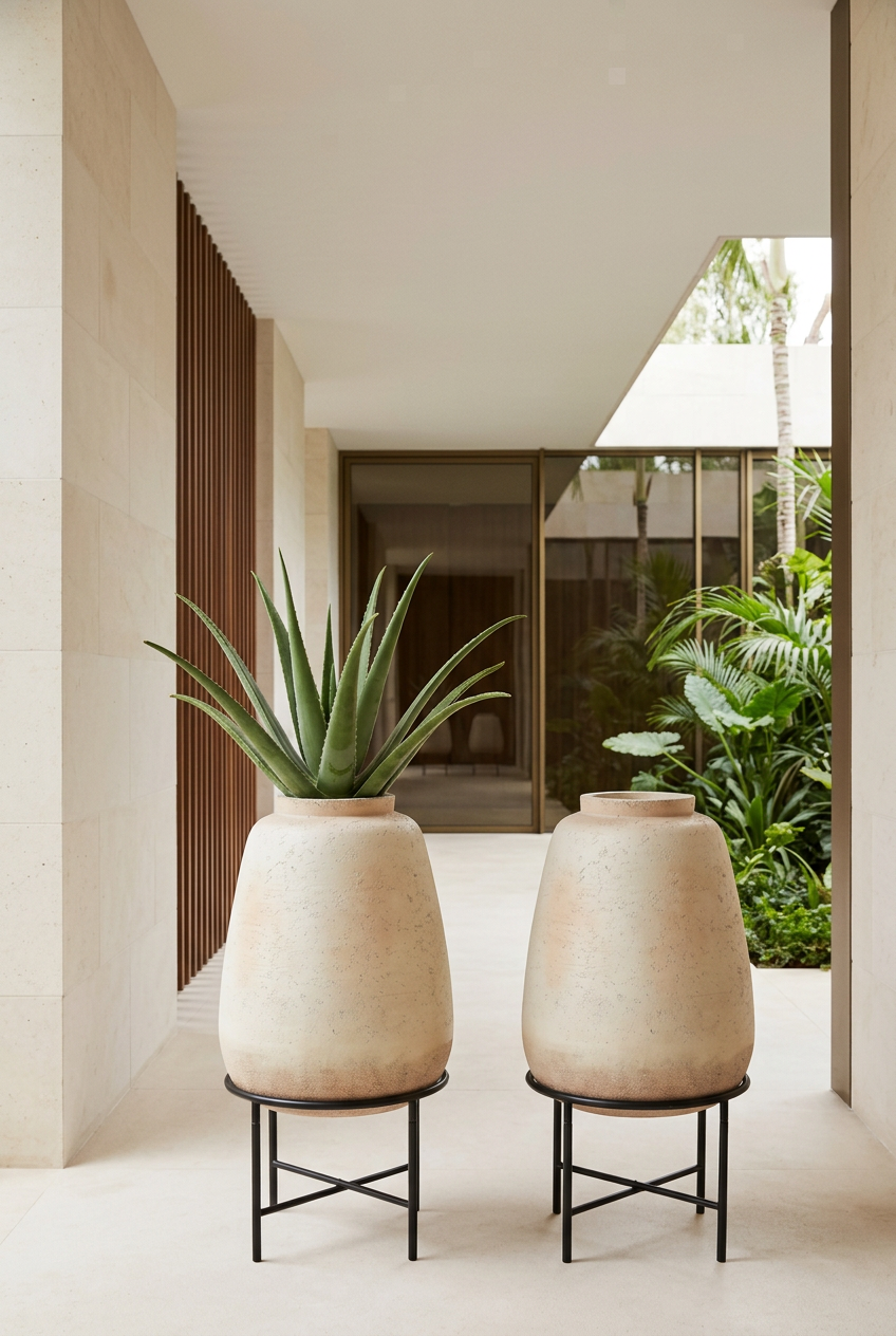 Dos jarrones en base, uno con aloe verde y otro vacío