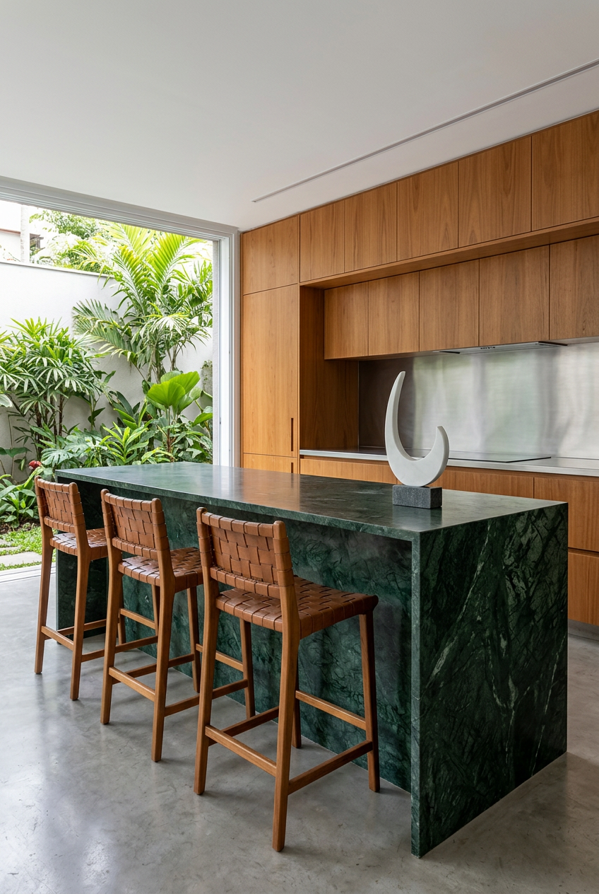 Escultura Bravo en una cocina de autor con piedra verde