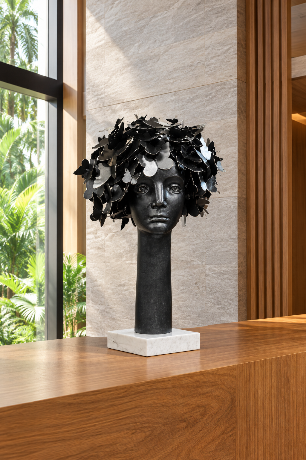 Escultura Cabeza de Mariposas en interior brasileño