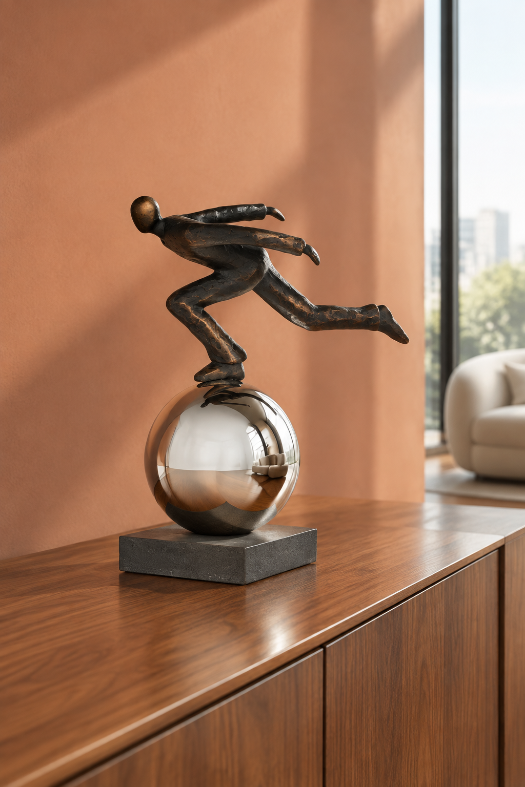 Escultura de corredor sobre esfera cromada