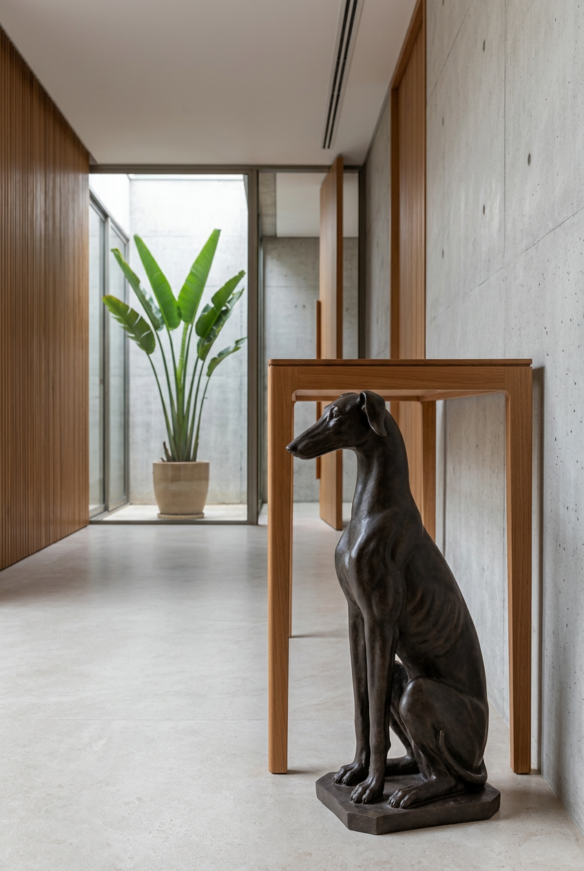 Escultura Galgo en un recibidor de madera y hormigón