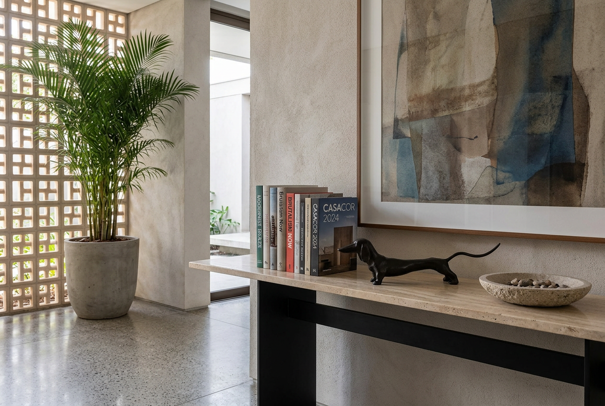 Escultura Gastón en hall de entrada con consola de travertino, arte y palmera