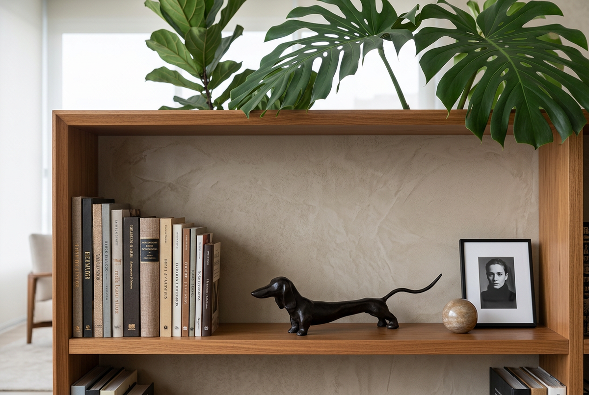 Escultura Gastón en repisa de biblioteca de madera con libros y foto enmarcada