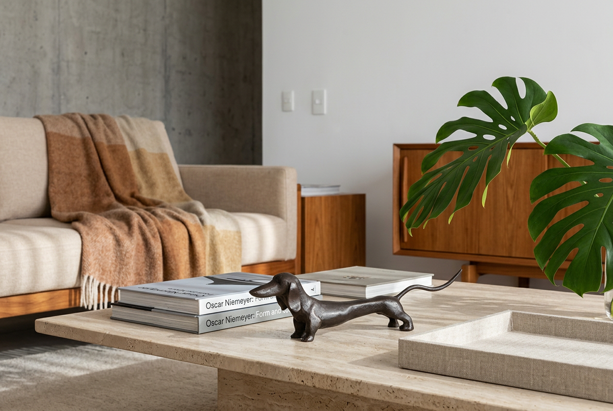 Escultura Gastón sobre mesa de centro de travertino con libros y living modernista