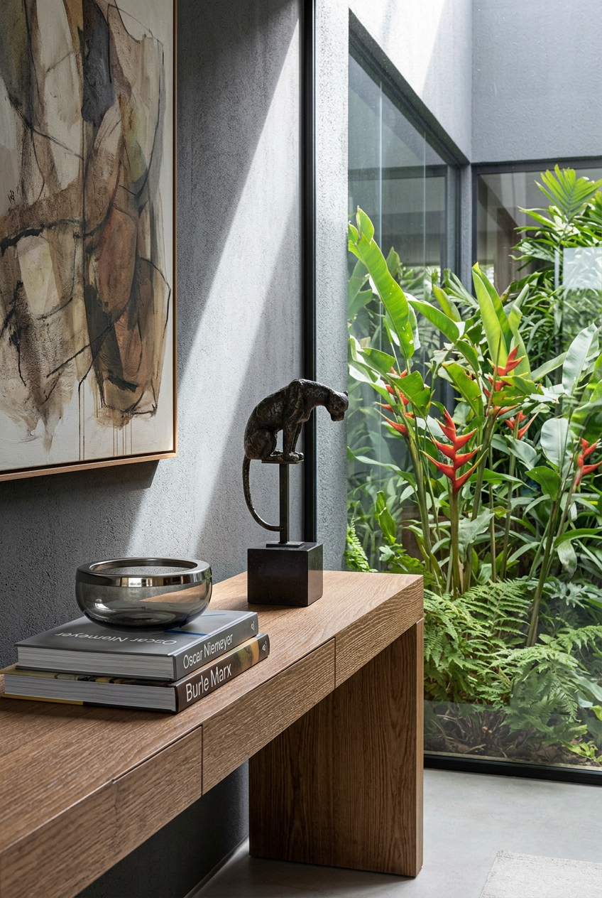 Escultura Jaguar en hall contemporáneo