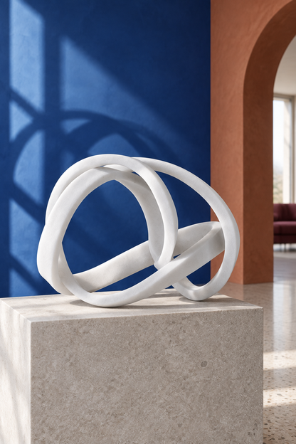 Escultura Javiera en un ambiente editorial azul y terracota