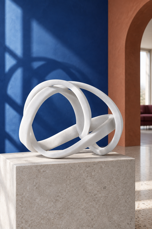 Escultura Javiera en un ambiente editorial azul y terracota