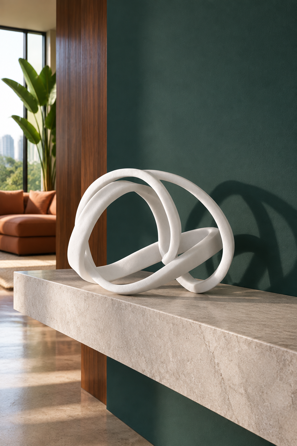 Escultura Javiera en un interior brasileño con verde y terracota
