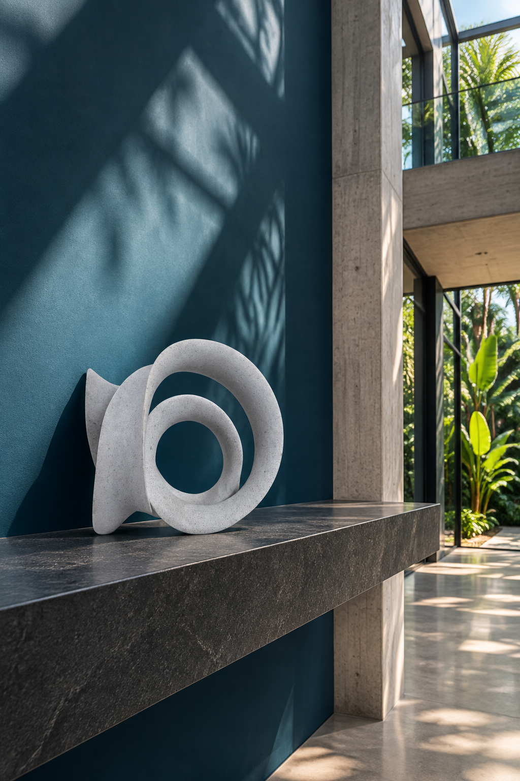 Escultura Mendel Gris en interior arquitectónico azul petróleo