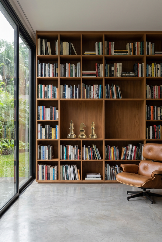Figuras doradas con escala reducida en biblioteca
