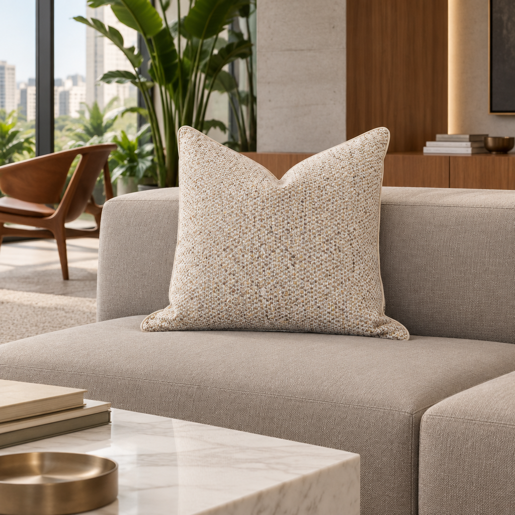 Cojín de tejido crema, beige y café sobre sofá greige moderno en un ambiente con madera, mármol y hormigón claro