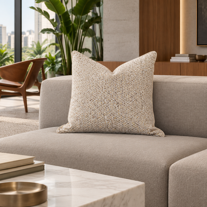 Cojín de tejido crema, beige y café sobre sofá greige moderno en un ambiente con madera, mármol y hormigón claro