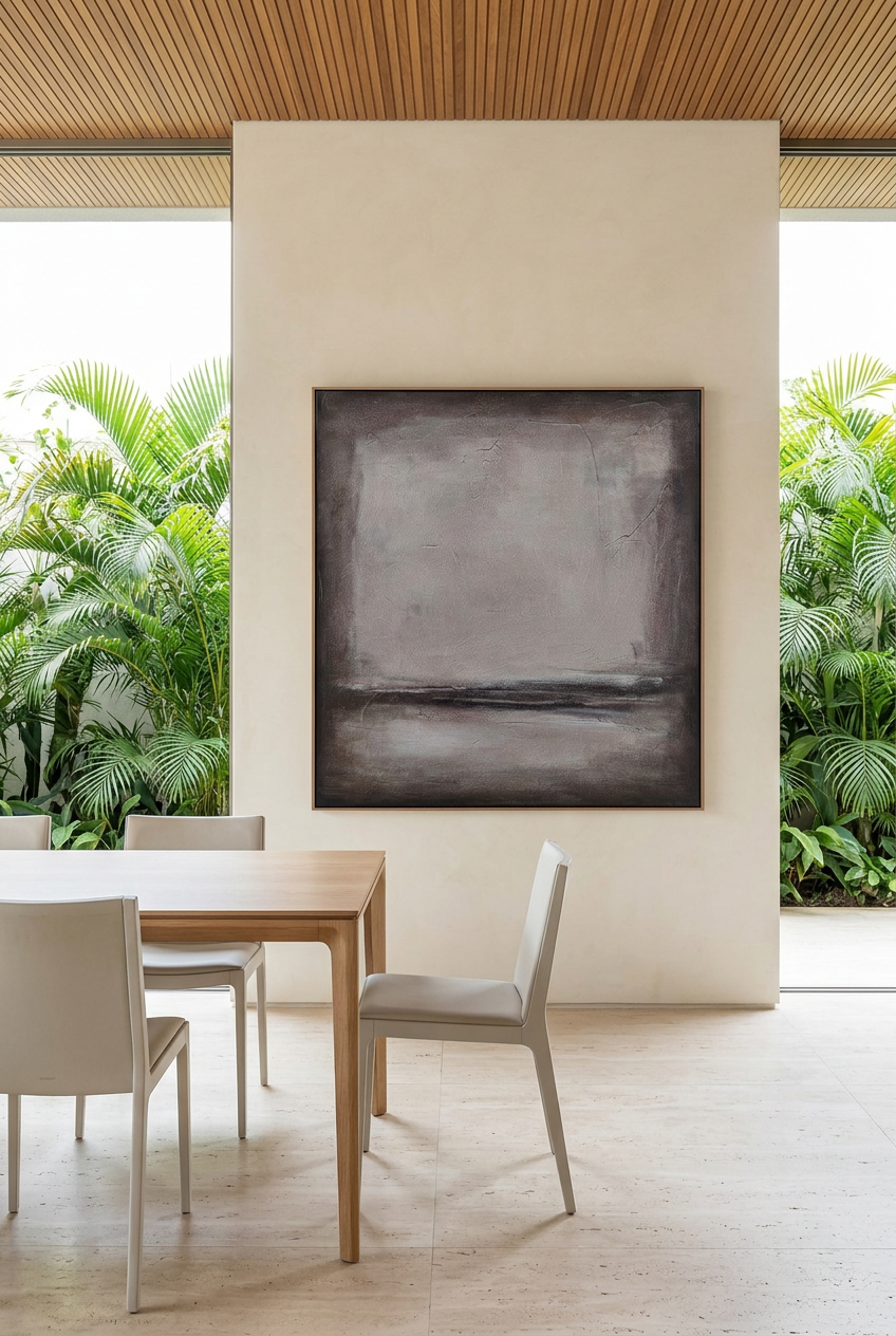 Cuadro Creación II en comedor contemporáneo iluminado