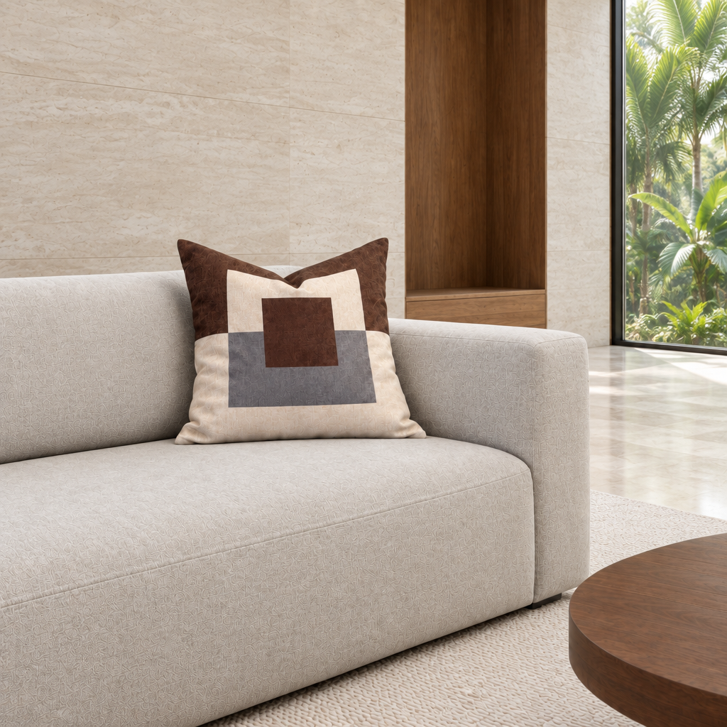 Cojín geométrico café de 50 x 50 cm en un living contemporáneo luminoso con piedra clara y madera cálida