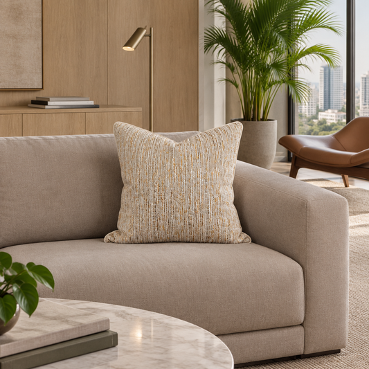 Cojín Yambo Gold II de trama vertical sobre sofá moderno en un departamento luminoso con madera y mármol