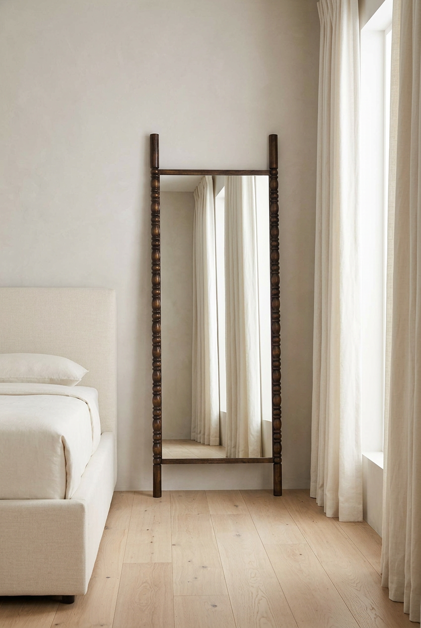 Espejo Benetti en dormitorio con madera y textiles claros