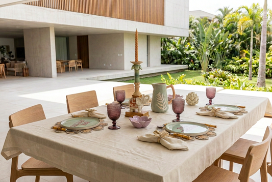 Candelabro Luce con figura de elefante sobre mesa en patio contemporáneo luminoso.