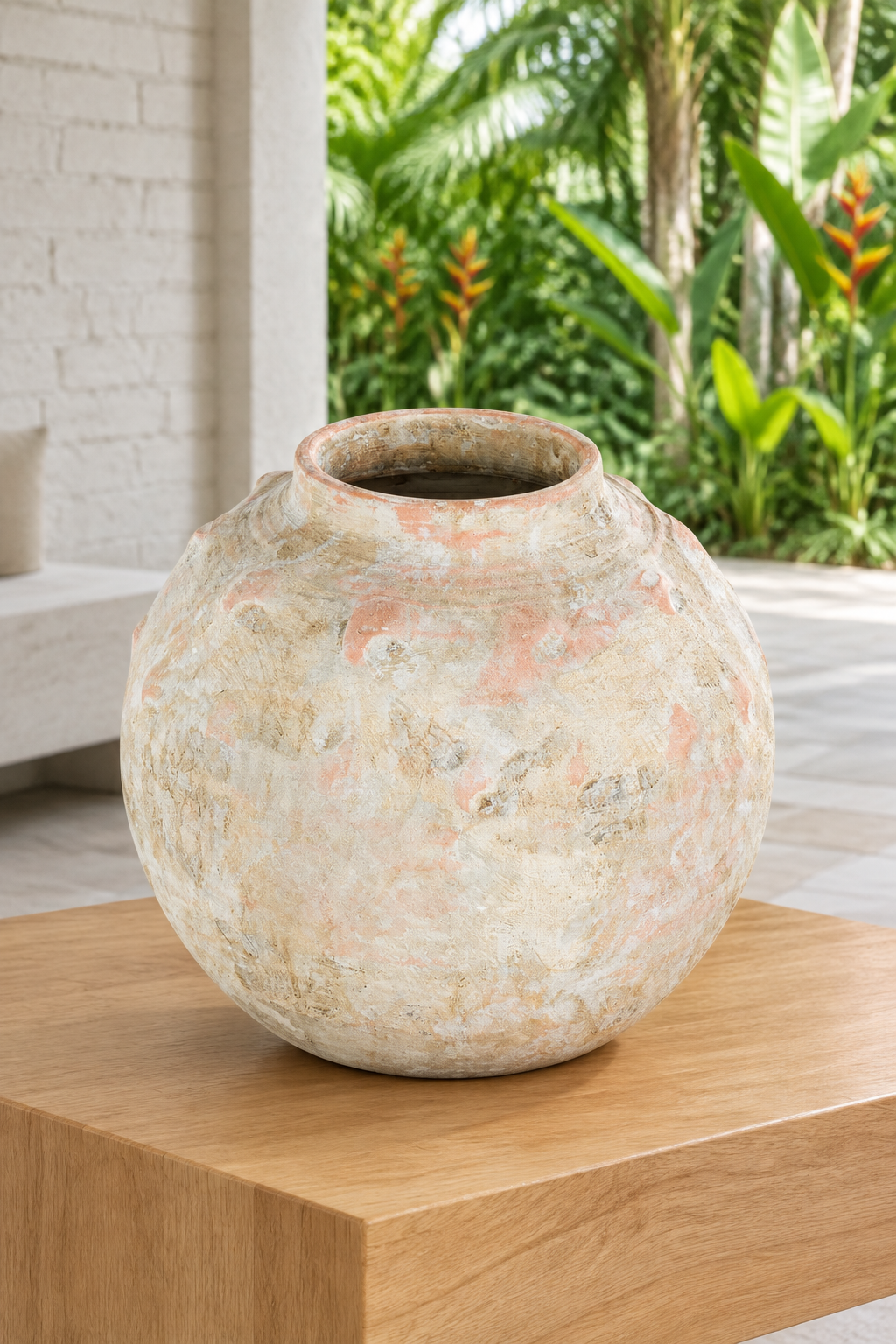 Jarrón Maguna en galería con jardín tropical, textura en primer plano