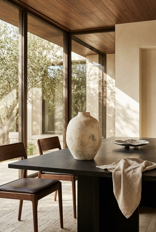 Jarrón Maguna en un comedor contemporáneo abierto al jardín