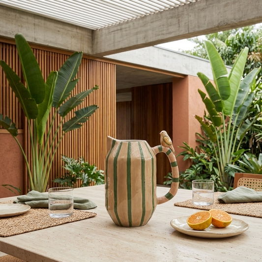 Jarrón Terra en terraza con mesa ambientada