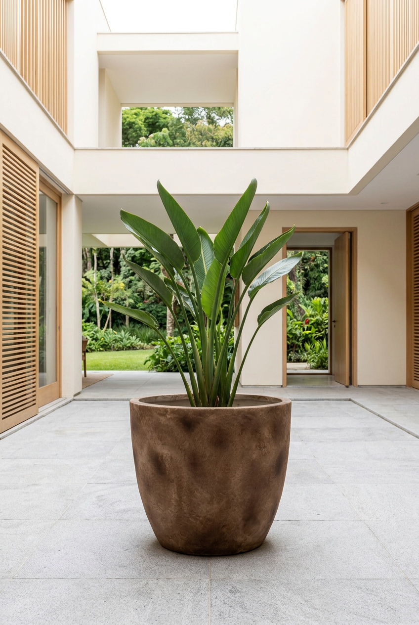 Macetero Texturizado XL con strelitzia en patio cubierto