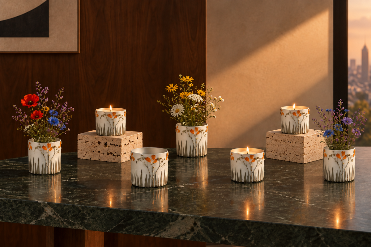 Maceteros Dried Flowers Ivory Medium con flores y tea lights