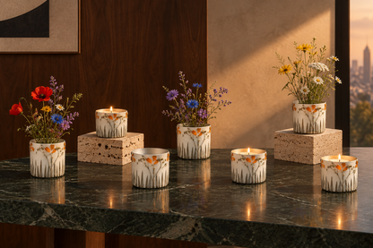 Maceteros metálicos con flores silvestres y tea lights