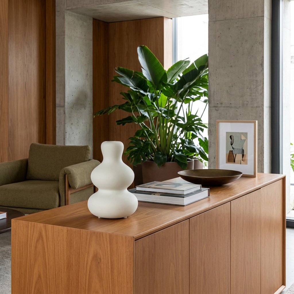 María sobre consola de madera con decoración