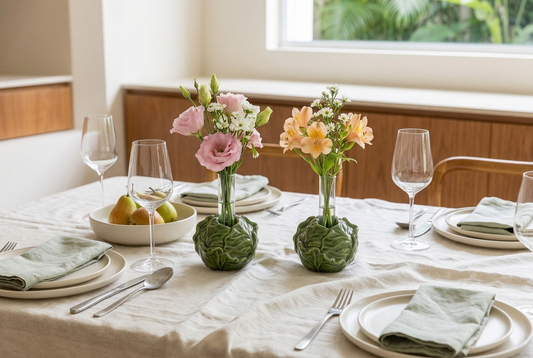 Mesa de comedor con mantel y candelabros Corallo decorados con flores primaverales