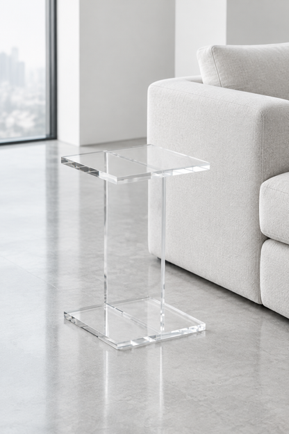 Mesa lateral de acrílico transparente en un living moderno