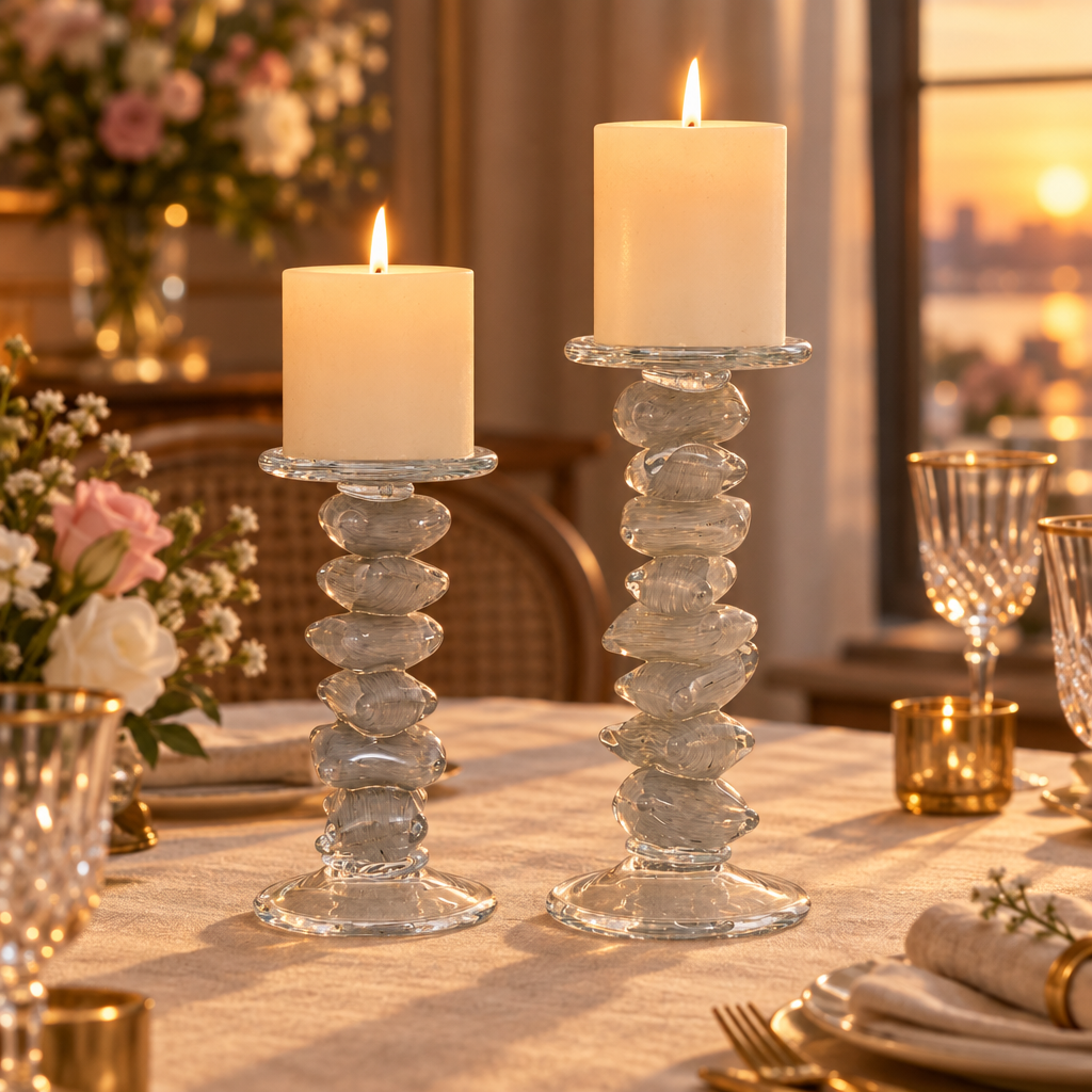 Par de candelabros de vidrio gris en ambiente romántico